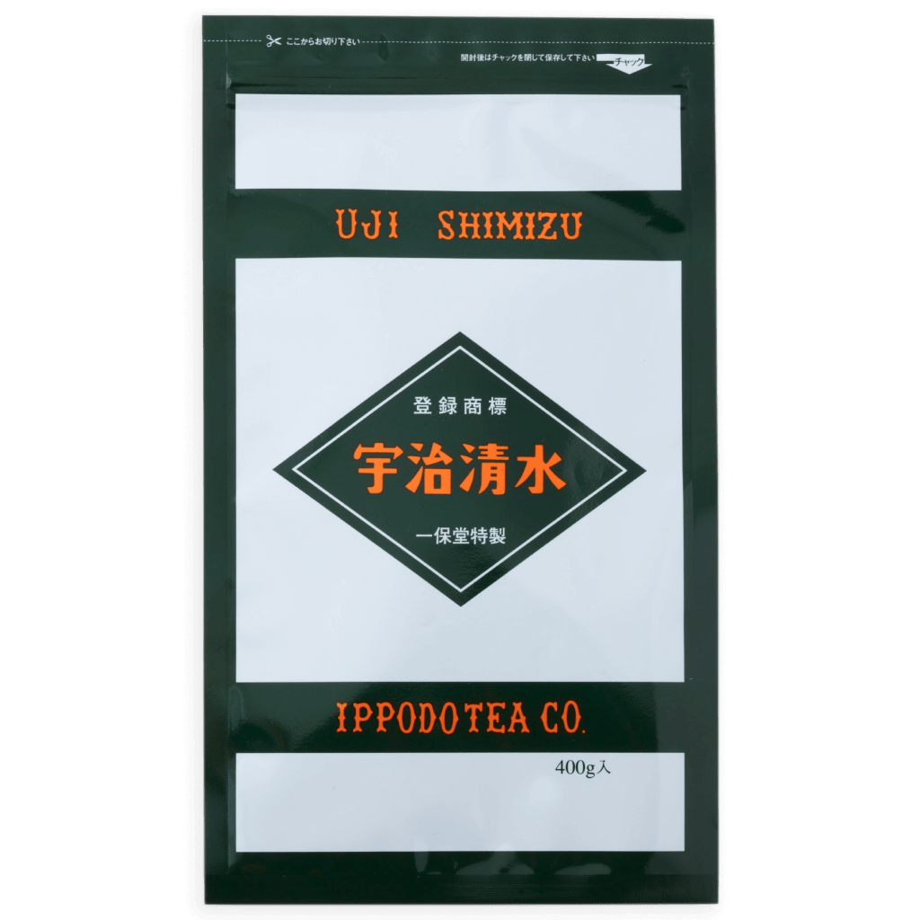 Grey and black large bag of Ippodo's Uji-Shimizu sweetened matcha tea powder with red font Japanese characters