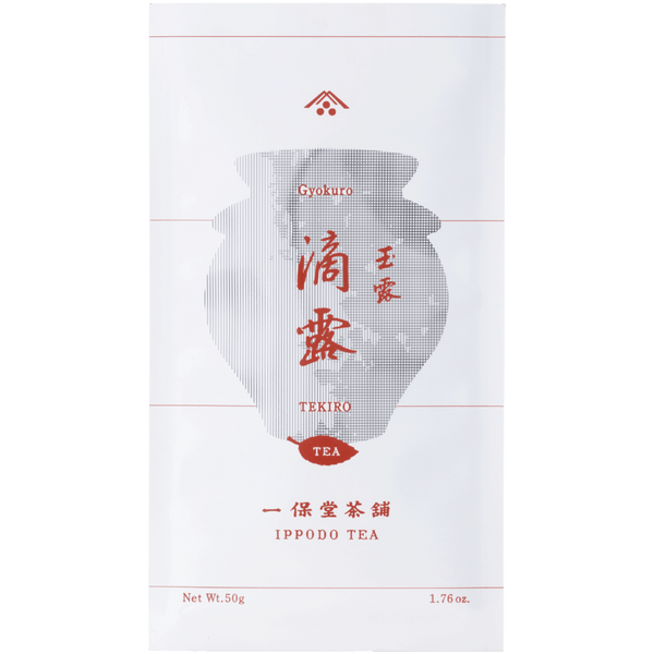 White packaging bag for Tekiro Gyokuro by Ippodo Tea with grey pointillism teapot and red writing and designs
