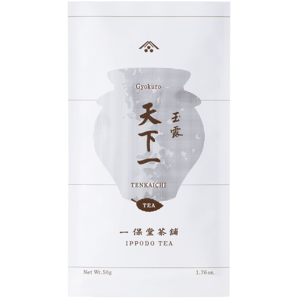 White packaging bag for Tenka-Ichi Gyokuro by Ippodo Tea with grey pointillism teapot and brown writing and designs