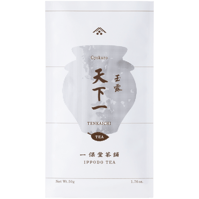 White packaging bag for Tenka-Ichi Gyokuro by Ippodo Tea with grey pointillism teapot and brown writing and designs