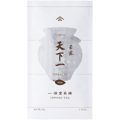 White packaging bag for Tenka-Ichi Gyokuro by Ippodo Tea with grey pointillism teapot and brown writing and designs