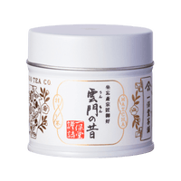 Brand new unopened tin can of Ummon Ummon-no-mukashi matcha with Japanese characters and gold leaf embossed on white