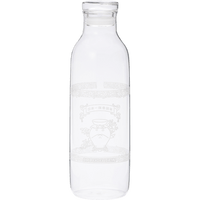 A clear glass bottle with a narrow neck and wide body. It appears empty and has some etched or printed design on its surface, though the details aren't clearly visible. The bottle has a simple, cylindrical shape typical of water or juice bottles, with a slight lip at the top where a cap would typically be placed. The glass is transparent and clean.