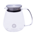 Transparent glass teapot with white "Ippodo Tea" and logo and lid insert with built-in circular mesh strainer