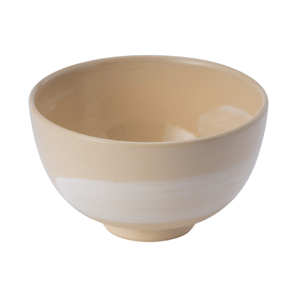 Cream color glazed mino-yaki Chawan matcha tea bowl with subtle white hakeme brush stroke for whisking and sipping matcha