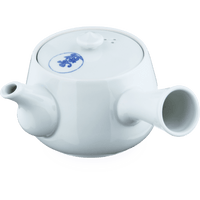 Large white porcelain right-handed kyusu teapot handcrafted with side-hold hollow handle and blue Japanese characters on lid