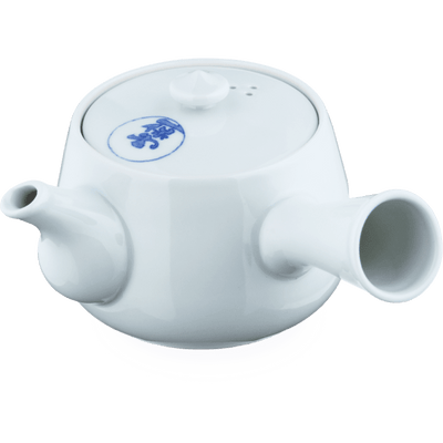 Large white porcelain right-handed kyusu teapot handcrafted with side-hold hollow handle and blue Japanese characters on lid