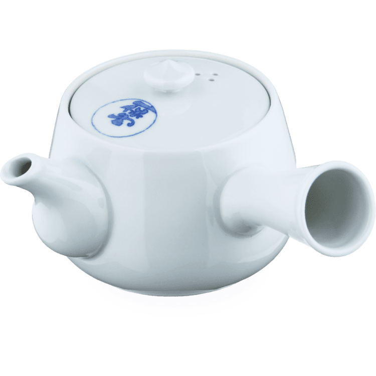 Large white porcelain right-handed kyusu teapot handcrafted with side-hold hollow handle and blue Japanese characters on lid