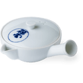 Small white porcelain right-handed kyusu teapot handcrafted with side-hold hollow handle and blue Japanese characters on lid