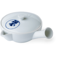 Small white porcelain right-handed kyusu teapot handcrafted with side-hold hollow handle and blue Japanese characters on lid
