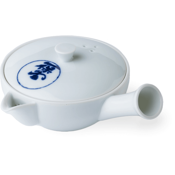 Small white porcelain right-handed kyusu teapot handcrafted with side-hold hollow handle and blue Japanese characters on lid