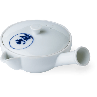 Small white porcelain right-handed kyusu teapot handcrafted with side-hold hollow handle and blue Japanese characters on lid