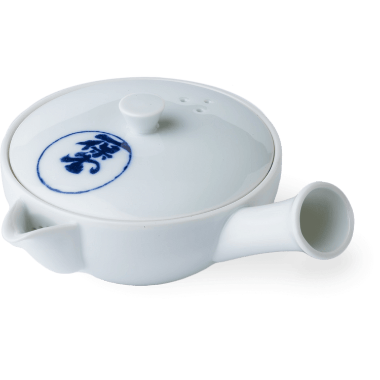 Small white porcelain right-handed kyusu teapot handcrafted with side-hold hollow handle and blue Japanese characters on lid