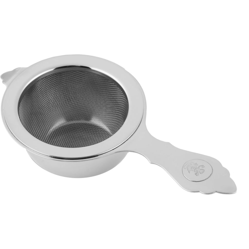 Stainless steel Chakoshi tea strainer with Ippodo Tea logo seal embossed on handle nestled in protective receiving bowl
