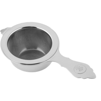 Stainless steel Chakoshi tea strainer with Ippodo Tea logo seal embossed on handle nestled in protective receiving bowl