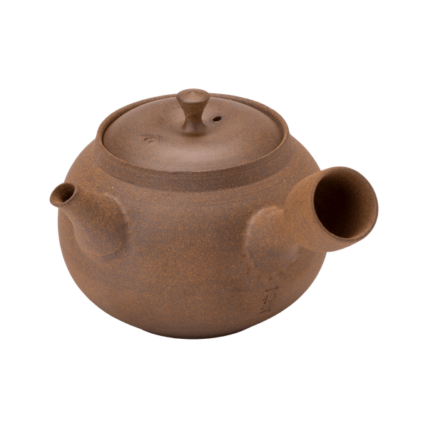 Brown textured side hold right-handed artisan hand made Banko-yaki Japanese ceramic teapot Yakishime Kyusu with hollow handle
