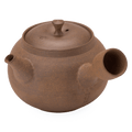 Brown textured side hold right-handed artisan hand made Banko-yaki Japanese ceramic teapot Yakishime Kyusu with hollow handle