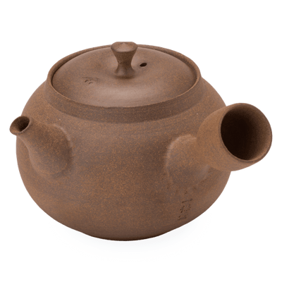 Brown textured side hold right-handed artisan hand made Banko-yaki Japanese ceramic teapot Yakishime Kyusu with hollow handle