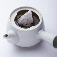 White pyramid shaped One-Pot Teabag filled with Iribancha smoky tea by Ippodo in dark tea in white porcelain kyusu teapot