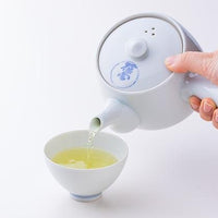 Pouring green tea from white porcelain Kiyomizu-yaki kyusu teapot with blue Japanese characters into white porcelain teacup