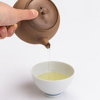 Holding lid with Ippodo Tea emblem on Yakishime Kyusu brown clay teapot and pouring light tea into white porcelain teacup